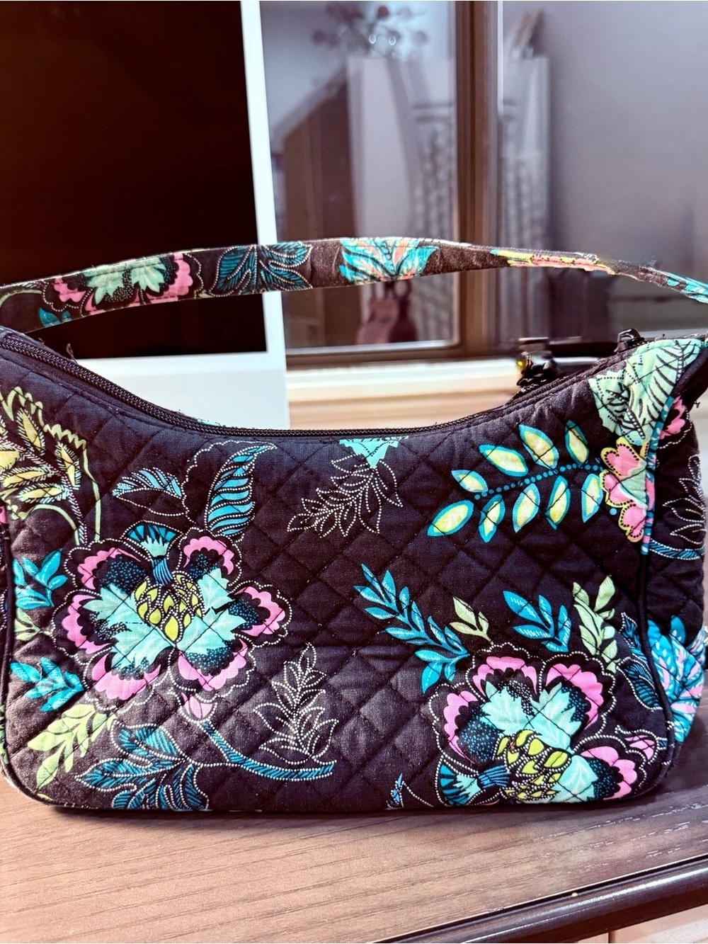 Vera Bradley Quilted Shoulder Bag - Black with Teal & Pink Floral - Picture 5 of 7